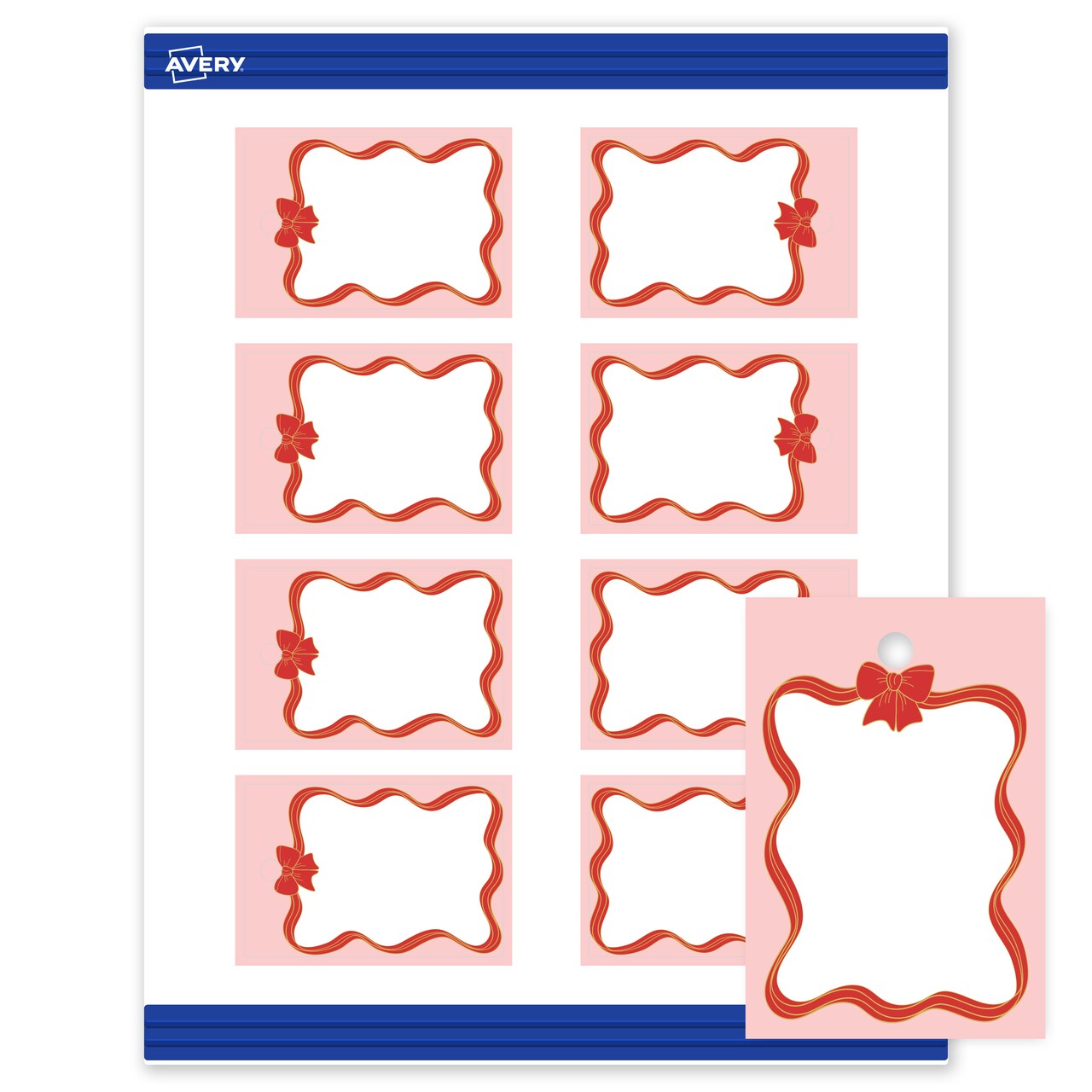 Avery Printable Tags with Sure Feed Technology, Rectangle, 2" x 3", Pre-Printed Pink Border with Red & Gold Bow Design, Matte White, Laser & Inkjet Compatible, 80 Total